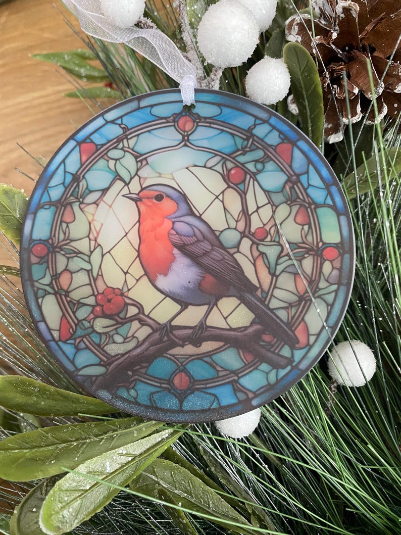 Stained glass acrylic robin sun catcher, When Robins are near, Robin gifts, Robin Christmas tree decoration, Window hanging, Robin Memorial image 4