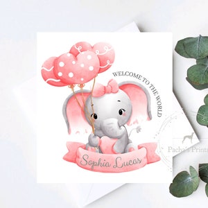 Carte de félicitations de bienvenue au monde, nouvelle carte de bébé fille personnalisée, carte de félicitations de bébé, petite fille éléphant, carte de baptême