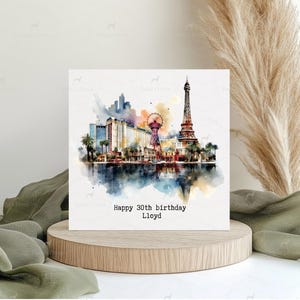 Vegas skyline, Happy Birthday, Las Vegas wedding card, What happens in Vegas, Personalised Greeting Card, Congratulations Engagement