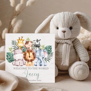 Bienvenue dans le monde, carte de félicitations, nouvelle carte personnalisée de bébé fille, carte de nouveau bébé garçon, thème safari dans la jungle, cadeau de naissance, petit-enfant