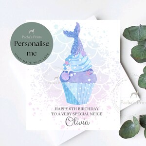 Tarjeta de cumpleaños de sirena, Tarjeta de cumpleaños infantil personalizada, Tarjeta para niña, 1º, 2º, 3º, 4º, 5º, 6º, 7º, Hija, Sobrina, Prima, Amiga