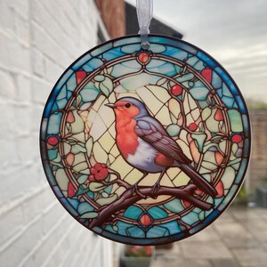 Stained glass acrylic robin sun catcher, When Robins are near, Robin gifts, Robin Christmas tree decoration, Window hanging, Robin Memorial image 6