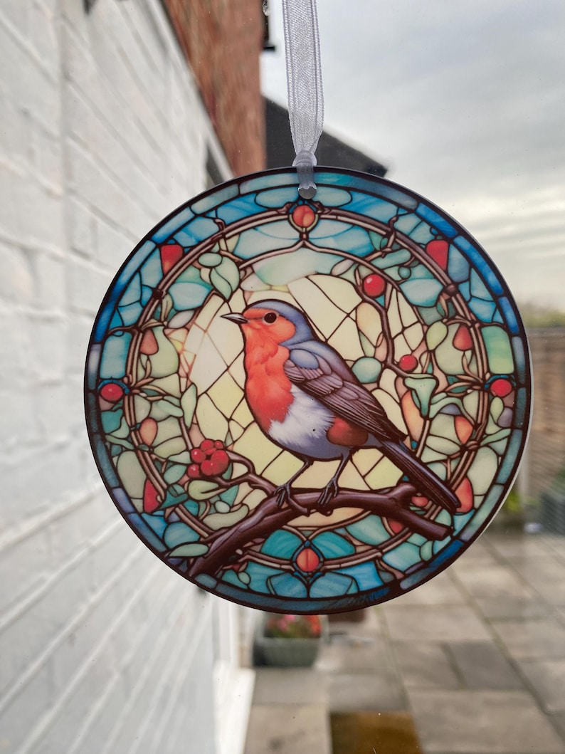 Stained glass acrylic robin sun catcher, When Robins are near, Robin gifts, Robin Christmas tree decoration, Window hanging, Robin Memorial image 6
