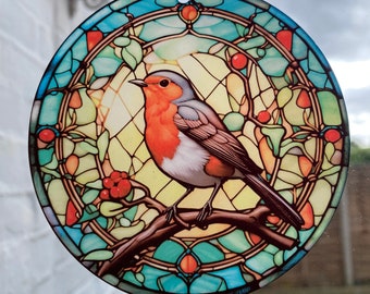Vibrant Robin Bird Suncatcher Birthday Gift Faux Stained Glass Colorful Window Art