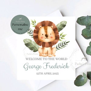 Nouvelle carte personnalisée pour bébé fille, nouvelle carte personnalisée pour bébé garçon, carte jungle, Léo le lion, carte de félicitations bienvenue dans le monde,