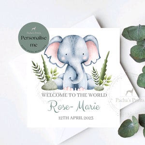 Carte de bébé éléphant, carte de félicitations de bienvenue dans le monde, nouvelle carte de bébé fille personnalisée, carte de baptême, thème de la jungle, baptême