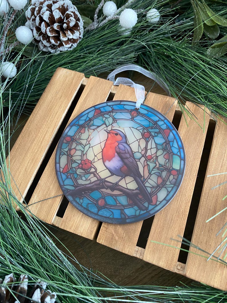 Stained glass acrylic robin sun catcher, When Robins are near, Robin gifts, Robin Christmas tree decoration, Window hanging, Robin Memorial image 7