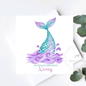 Tarjeta de cumpleaños de sirena, Tarjeta de cumpleaños infantil personalizada, Tarjeta para niña, 1º, 2º, 3º, 4º, 5º, 6º, 7º, Hija, Sobrina, Prima, Amiga