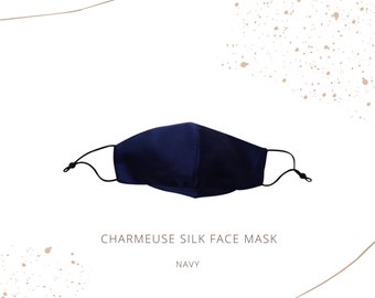 Luxury Charmeuse Silk Face Mask in navy color, Made with 3 layers of silk, Nose Wire and adjustable toggles