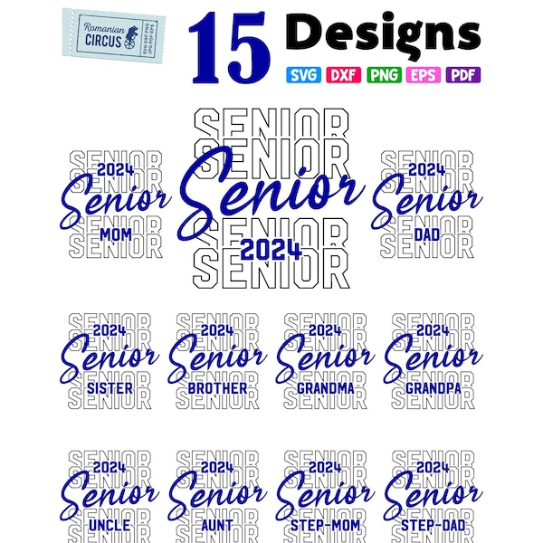 Senior 2024 Family Svg, Png, Black Blue Design Stacked Senior, Graduation, Class Of 2024, Senior Night Family Bundle, Cricut, Sublimation