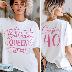 Maglietta per il 40° compleanno in formato SVG, PNG, Regina del compleanno fondata nel 1986 in formato SVG, Capitolo 40 in formato SVG, Fronte + Retro, Design in nero, rosa, Cricut, Sublimazione, DTF