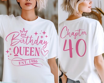 40e verjaardag shirt SVG, png, verjaardag koningin est. 1986 Svg, hoofdstuk 40 Svg, voor- en achterkant, ontwerp in zwart, roze, Cricut, sublimatie, DTF