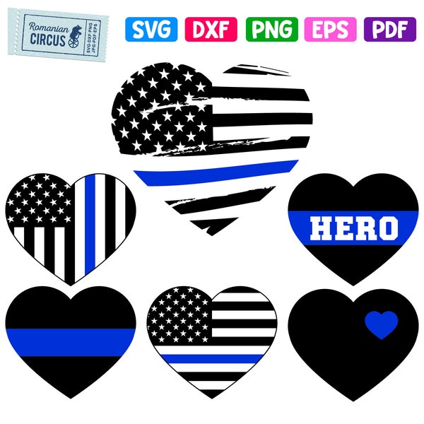Thin Blue Line Heart Svg Bundle, 6 Blue Line Designs Svg, Png, Dxf Silhouette, Cricut, Sublimation, Police Heart Svg, for Shirt, Mug, Decal
