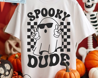 Spooky Dude Svg, Png, Uomo, Bambino, Maglietta di Halloween per ragazzi Svg, Scacchiera con fantastici occhiali da sole fantasma e simbolo della pace, Download per Cricut, Sublimazione