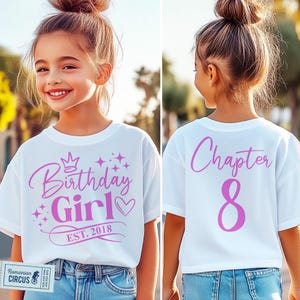 8th Birthday Girl Shirt SVG, PNG, Chapter 8 Svg, Est. 2018, Front & Back, Pink, Blue, Black, White, for Cricut, Sublimation