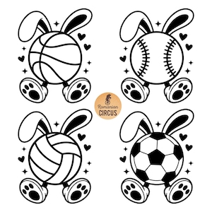 Puede incluir: Ilustraciones en blanco y negro de balones deportivos con orejas y pies de conejo. La imagen incluye un balón de baloncesto, un balón de béisbol, un balón de voleibol y un balón de fútbol, cada uno con acentos de corazón y estrella. Un logotipo circular con el texto "Romanian Circus" está en el centro.