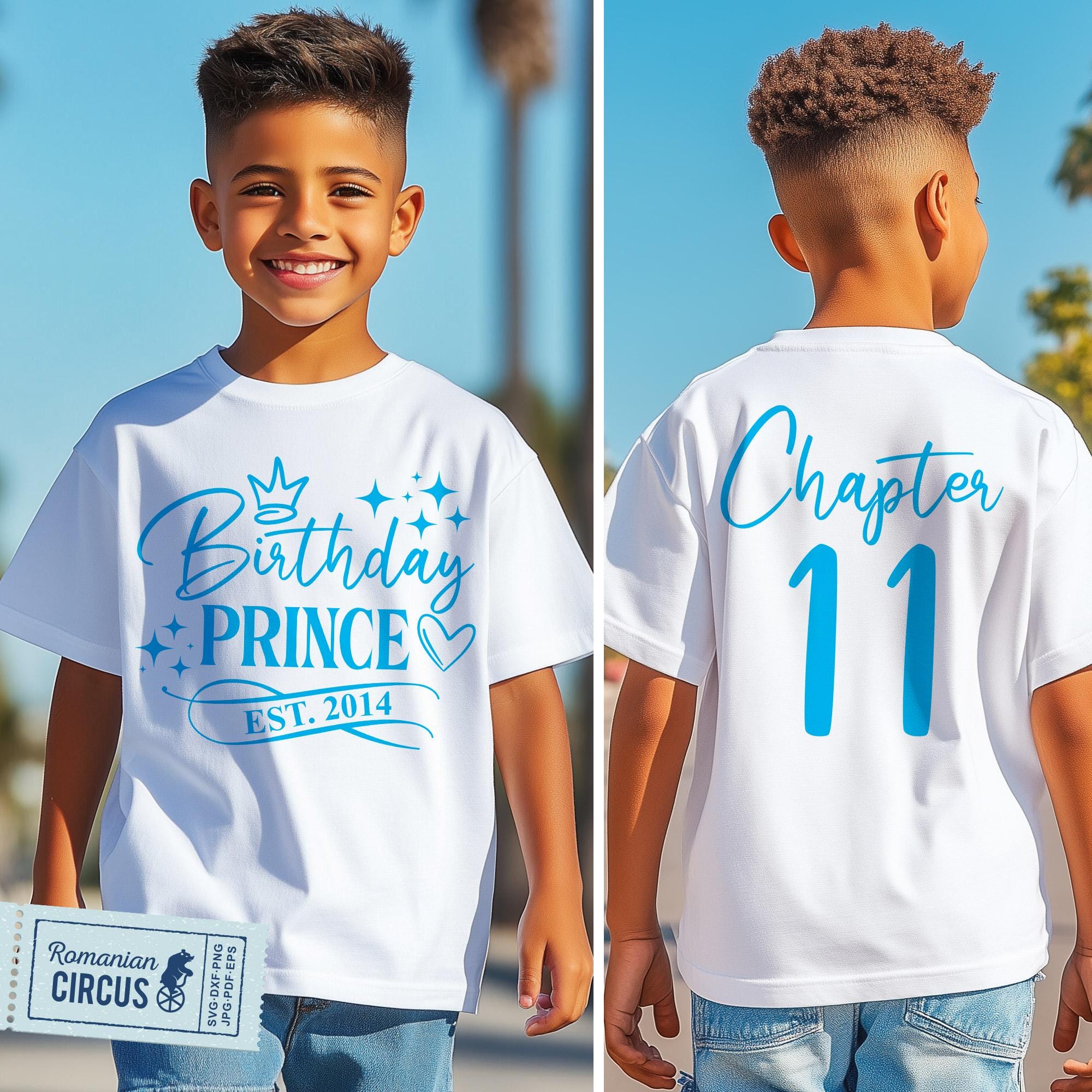 11th Birthday Prince SVG, PNG, Chapter 11 Svg, Est. 2014, 11th Birthday Boy Shirt Svg, Front + Back, Blue Black White, Cricut, Sublimation