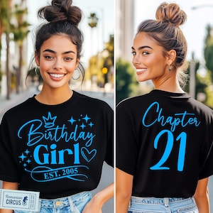 21th Birthday Girl Shirt SVG, PNG, Chapter 21 Svg, Est. 2005 Svg, Front & Back/ Black, White, Pink, Blue, for Cricut, Sublimation