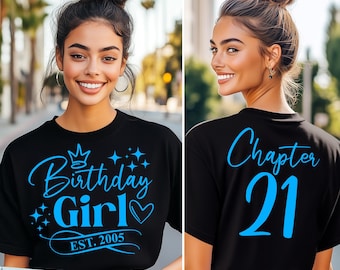 21th Birthday Girl Shirt SVG, PNG, Chapter 21 Svg, Est. 2005 Svg, Front & Back/ Black, White, Pink, Blue, for Cricut, Sublimation