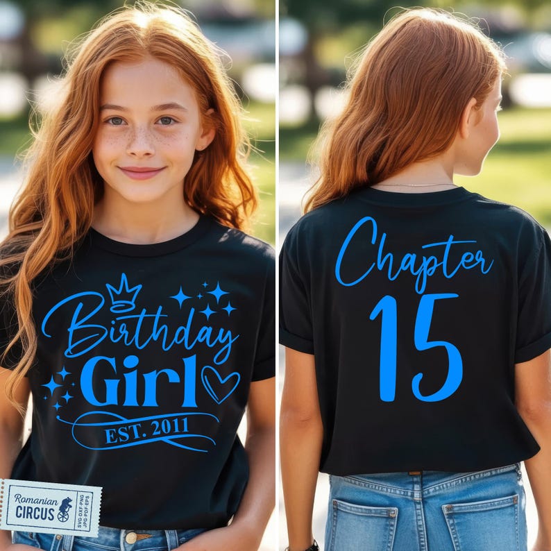 15th Birthday Girl Shirt SVG, PNG, Chapter 15 Svg, Est. 2011 Svg, Black, White, Pink, Blue Design, for Cricut, Sublimation image 4