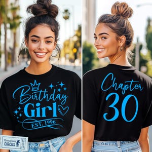 Birthday Girl Est. 1996 Svg, Png, Chapter 30 Svg, 30th Birthday Girl Shirt Svg, Front + Back, Pink, Black, White, Blue, Cricut, Sublimation
