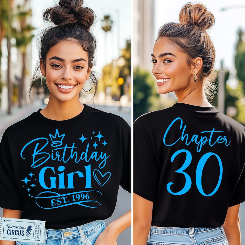 Birthday Girl Est. 1996 Svg, Png, Chapter 30 Svg, 30th Birthday Girl Shirt Svg, Front + Back, Pink, Black, White, Blue, Cricut, Sublimation image 1