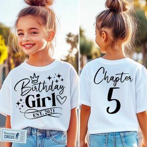 5th Birthday Girl SVG, PNG, Chapter Five Svg, Est. 2021, 5 Years Old, 5th Birthday Girl Shirt Svg, Front + Back, Black, White, Pink, Blue