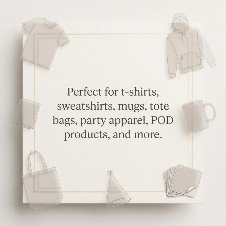 Pu&ograve; includere: Un cartello quadrato bianco con un sottile bordo dorato che riporta il testo: Perfect for t-shirts, sweatshirts, mugs, tote bags, party apparel, POD products, and more. Il cartello &egrave; circondato da contorni tenui e semitrasparenti.