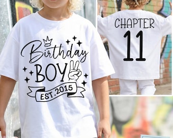 Camiseta de niño para su 11.º cumpleaños, SVG, PNG, Capítulo 11, Est. 2015, Delantera y Trasera, Negra, Azul, Blanca, para Cricut, Sublimación