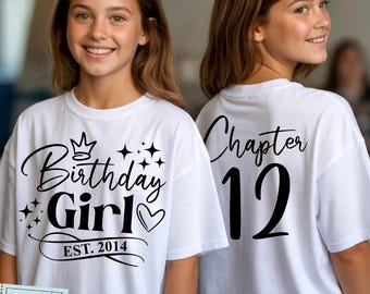 12th Birthday Girl SVG, PNG, Chapter 12 Svg, Est. 2014, 12th Birthday Girl Shirt Svg, Black, Pink, White, Blue, for Cricut, Sublimation
