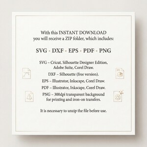 Puede incluir: Tarjeta de informaci&oacute;n de descarga digital de color crema con texto que detalla los tipos de archivo: SVG, DXF, EPS, PDF y PNG. Incluye detalles de compatibilidad de software para Cricut, Silhouette, Adobe Suite, Corel Draw y m&aacute;s. Tambi&eacute;n se proporcionan instrucciones para descomprimir el archivo.