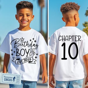 10th Birthday Boy SVG, PNG, Capitolo 10 Svg, Est. 2015, 10th Birthday Boy Shirt Svg, Fronte + Retro, in Bianco e Nero, per Cricut, Sublimazione