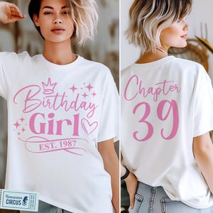 Camiseta de cumpleaños número 39 (Svg, Png, Capítulo 39 Svg, Est. 1987) (Diseño blanco, negro, azul y rosa), Cricut, Sublimación