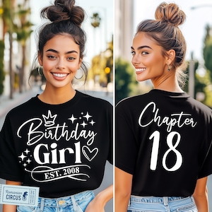 18th Birthday SVG, PNG, Chapter 18 Svg, Est. 2008 Svg, 18th Birthday Girl Shirt Svg, Front + Back, White, Black, Pink, Cricut, Sublimation