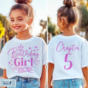 5th Birthday Girl SVG, PNG, Chapter Five Svg, Est. 2020, 5 Years Old, 5th Birthday Girl Shirt Svg, Front + Back, Black, White, Pink, Blue