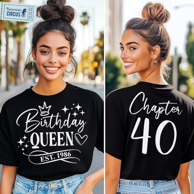 40th Birthday Shirt Svg, Png, Birthday Queen Est. 1986 Svg, Chapter 40 Svg, Front + Back, Design in Black, Pink, Cricut, Sublimation, DTF image 2