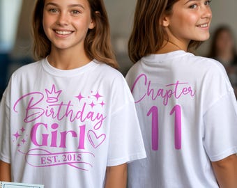 Camiseta de niña de 11.º cumpleaños SVG, PNG, Capítulo 11 SVG, Est. 2015, Anverso y reverso, Negro, Blanco, Azul, Rosa, para Cricut, Sublimación, DTF