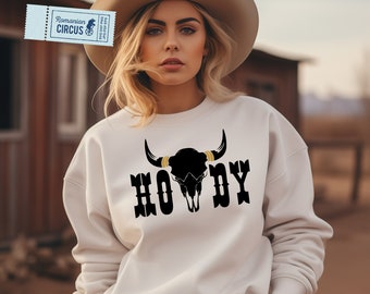 Howdy Bull Skull SVG, Western-Mädchen-Shirt, Cowboy Cowgirl Design (Digitale Datei)