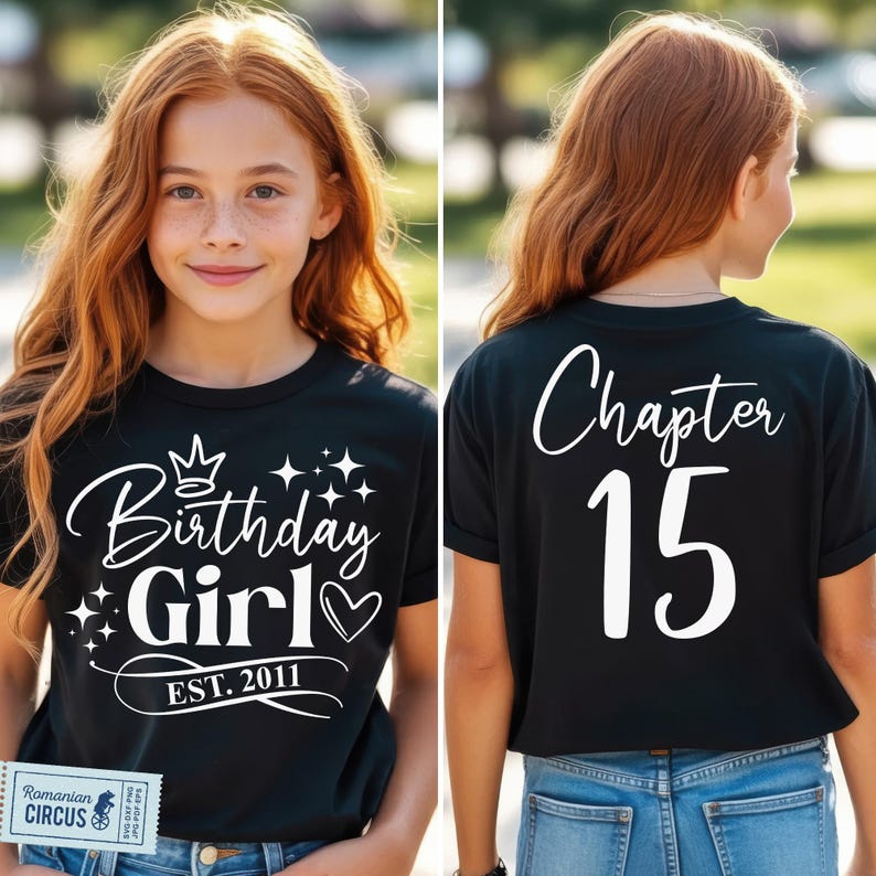 15th Birthday Girl Shirt SVG, PNG, Chapter 15 Svg, Est. 2011 Svg, Black, White, Pink, Blue Design, for Cricut, Sublimation image 3
