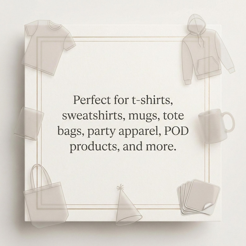 Puede incluir: Gr&aacute;fico beige con ilustraciones de una camiseta, sudadera con capucha, taza, bolso de mano, gorro de fiesta y tarjetas. El texto dice: "Perfecto para camisetas, sudaderas, tazas, bolsos de mano, ropa de fiesta, productos POD y m&aacute;s."