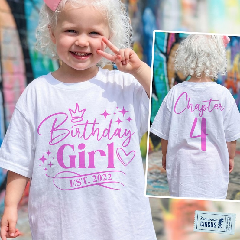 4-årsdagsflicka SVG, PNG, Kapitel fyra Svg, Etablerat 2022, 4 år gammal, 4-årsdagsflicka tröja Svg, Fram + Bak, Svart, Vit, Rosa, Blå bild 1