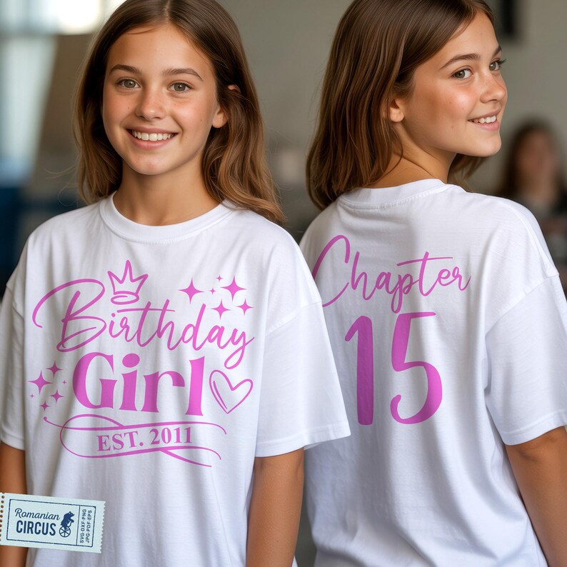 15th Birthday Girl Shirt SVG, PNG, Chapter 15 Svg, Est. 2011 Svg, Black, White, Pink, Blue Design, for Cricut, Sublimation image 2