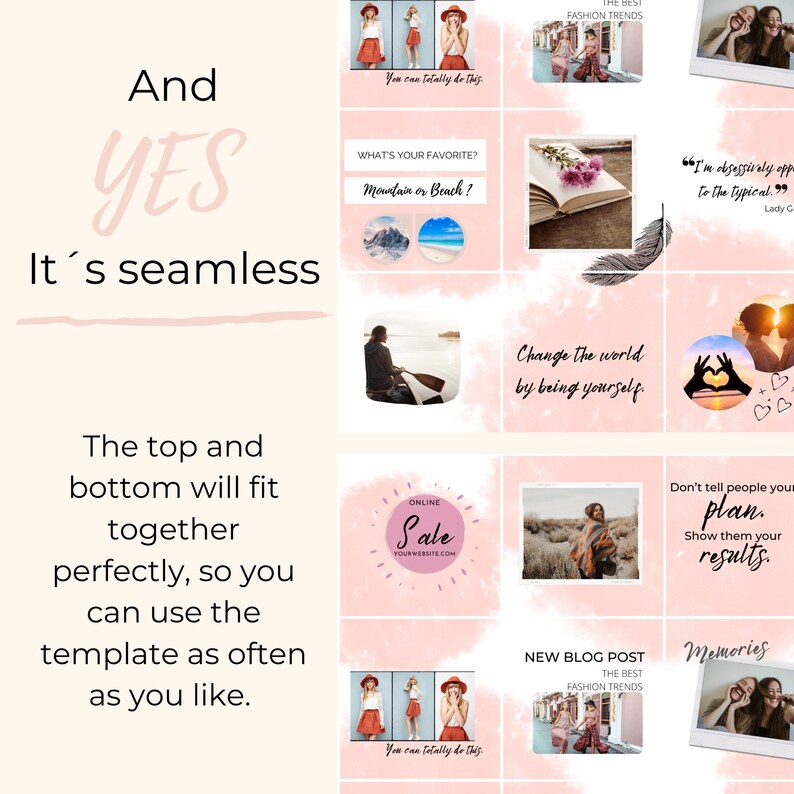 12 Post Instagram Canva Puzzle Feed Design Template | Rosé & White | No ...