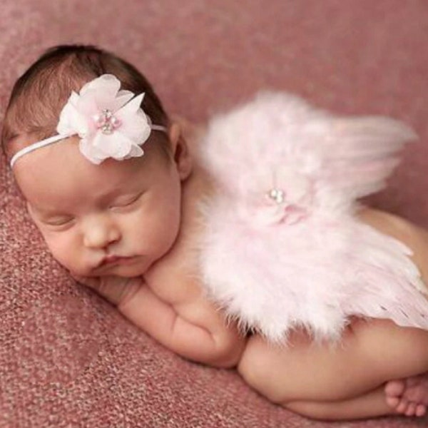 Pink Angel Wing, White Angel Wing, Newborn Photo Prop, Photography Props, Newborn Headband, Newborn Wing Prop, Light Pink, Floral Headband
