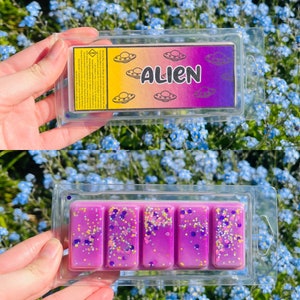 Puede incluir: Un paquete de cera para fundir de plástico transparente con un diseño degradado morado y rosa y purpurina. El paquete tiene una etiqueta que dice "Alien" con un gráfico de un OVNI.