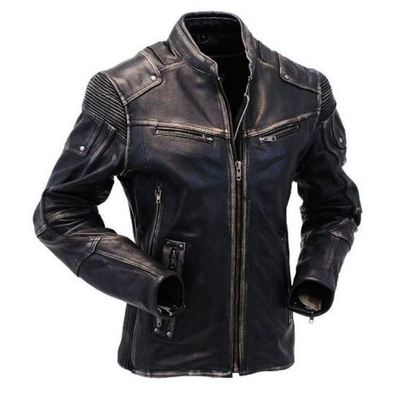 Chaqueta de cuero para motociclista estilo vintage estilo retro envejecido,  chaqueta de cuero Moto para hombre