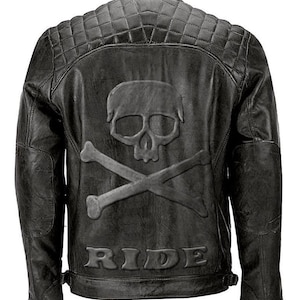 Handmade Men&#39;s Black Quilted Skull Vintage Distress Leather Jacket Rub Buff Leather