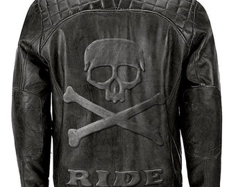 Handmade Men's Black Quilted Skull Vintage Distress Leather Jacket Rub Buff Leather