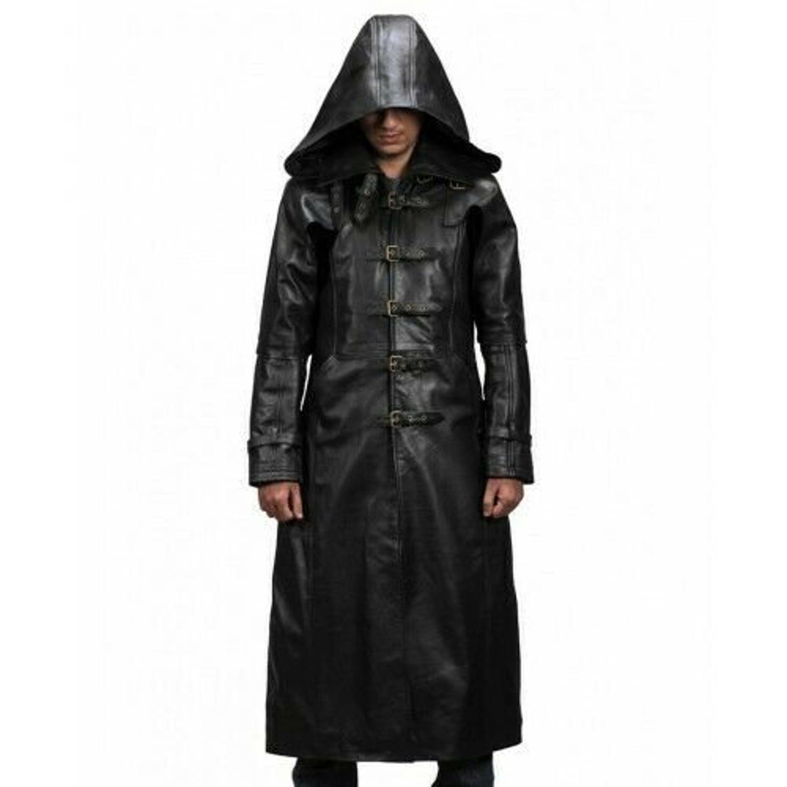 Handmade Steampunk Gothic Duster Black Leather Long Trench Coat Hoodie ...
