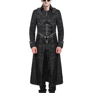 Handmade Men&#39;s New Style Steampunk Black Gothic Long Trench Leather Coat